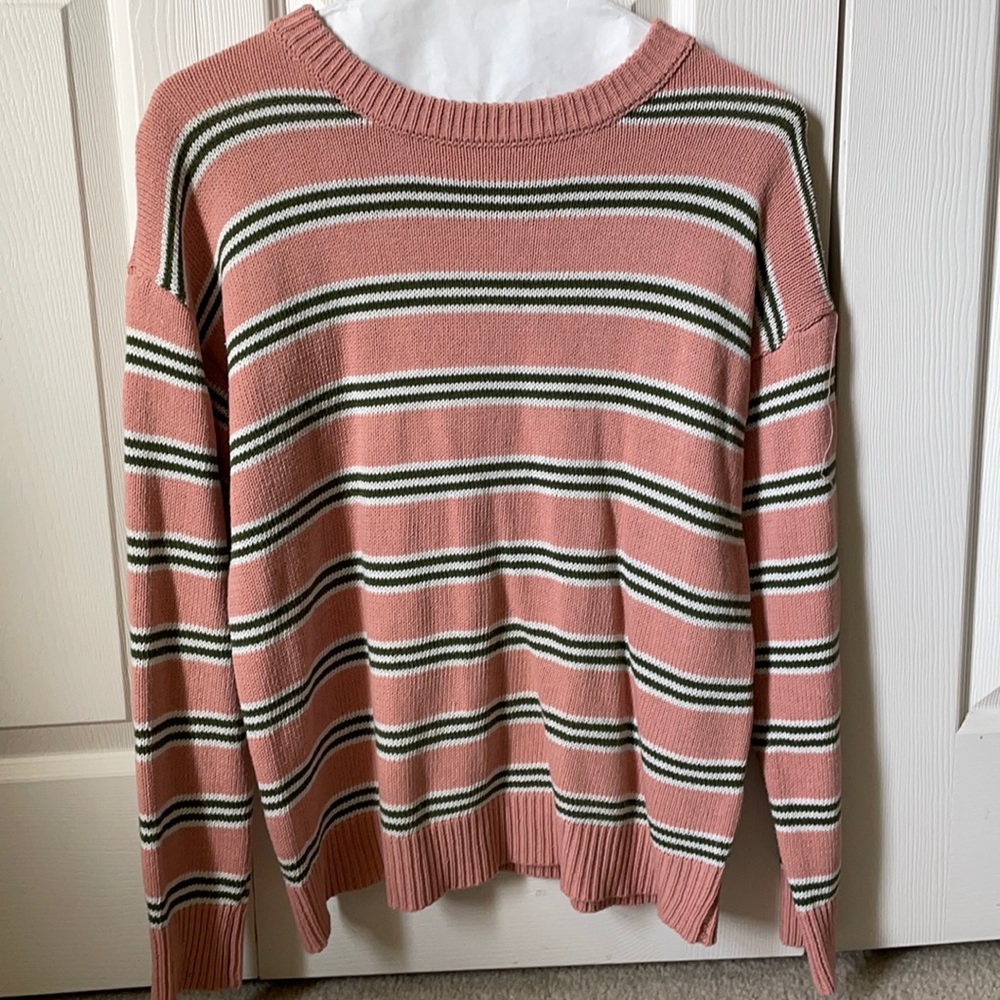 Pink and green striped crewneck sweater